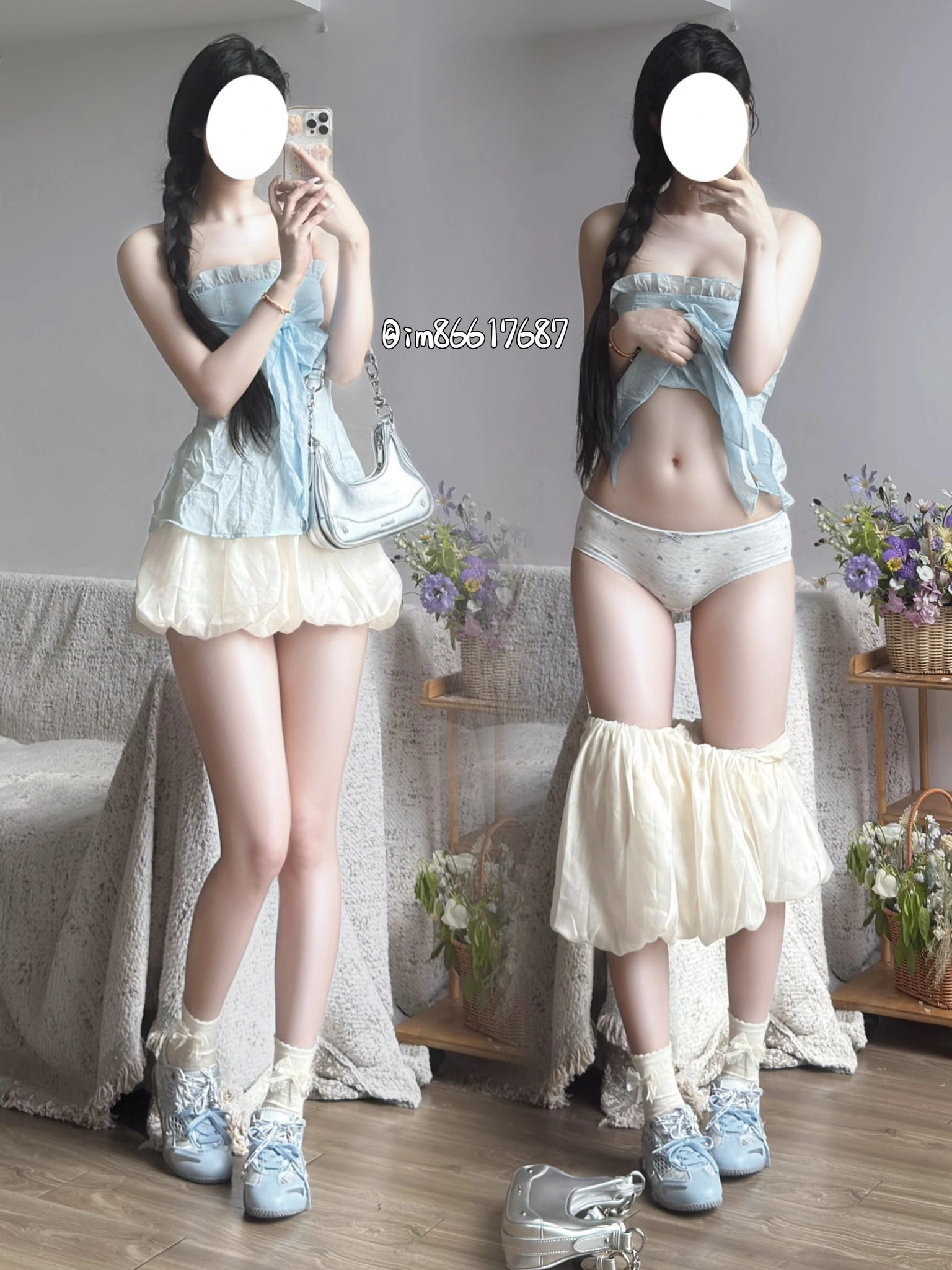 两个女人穿白色裙子,带着一个钱包。