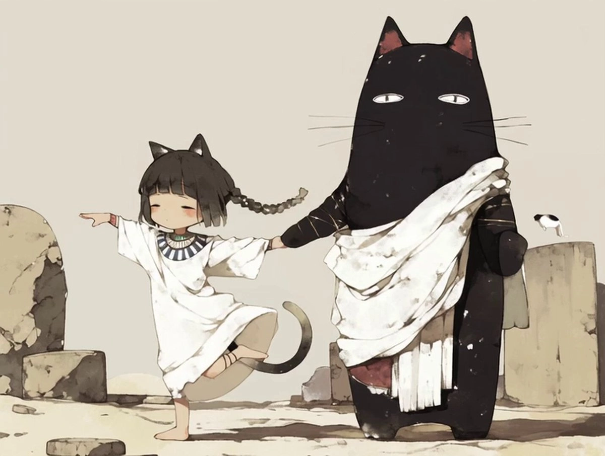 女孩在猫面前跳舞。