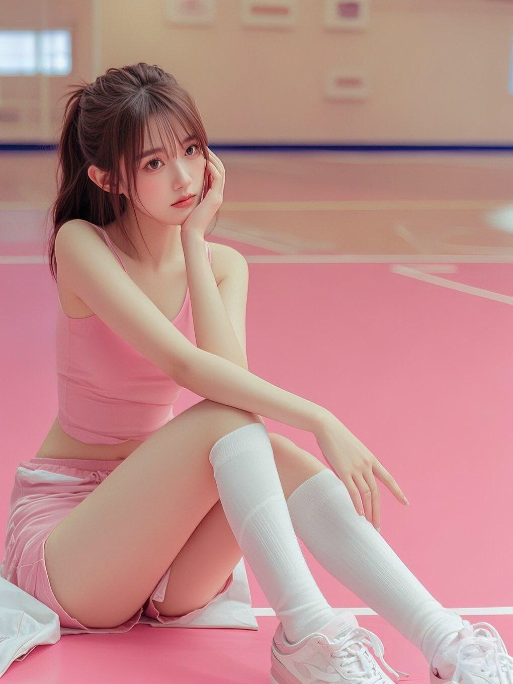 穿着粉红色的衬衫和白色袜子的女人坐在粉红色的表面上。