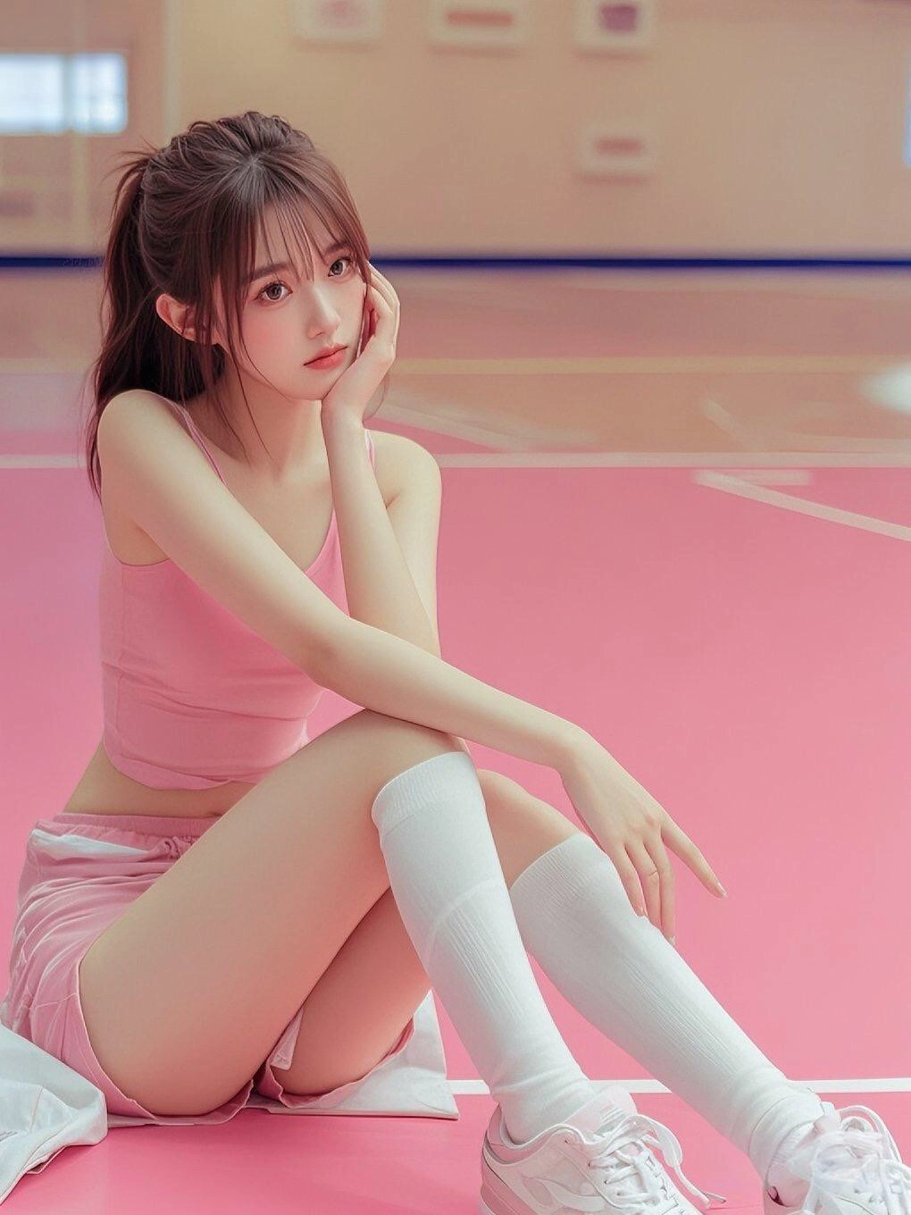 穿着粉红色的衬衫和白色袜子的女人坐在粉红色的表面上。