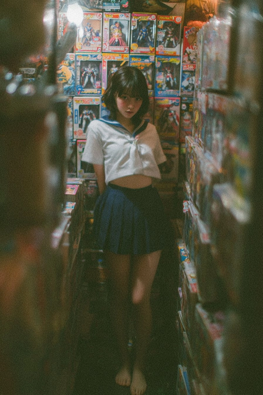 一位穿着蓝色和白色的水手服的女人站在漫画书的墙前。