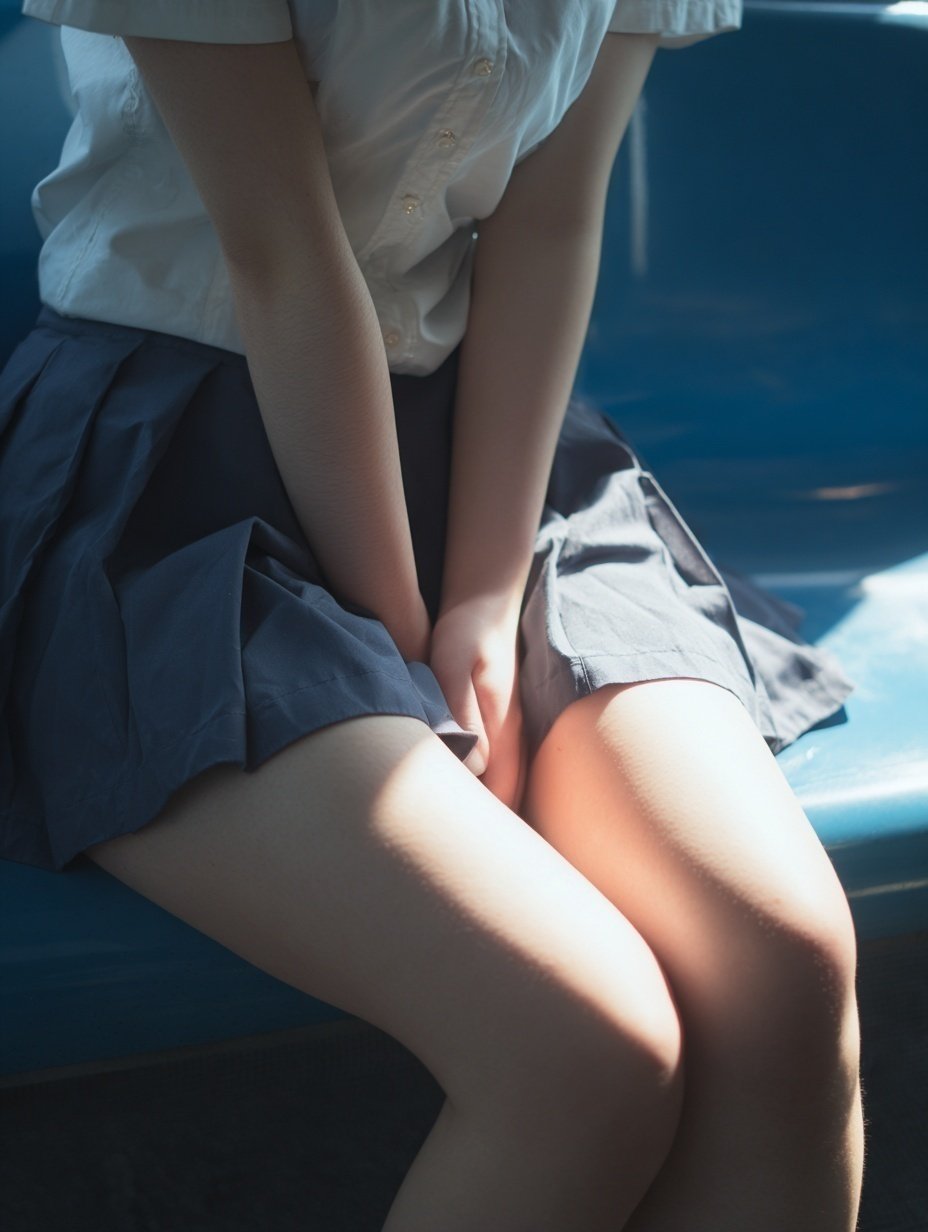 穿着白色衬衫和蓝色衬衫的女人坐在一个凳子上。