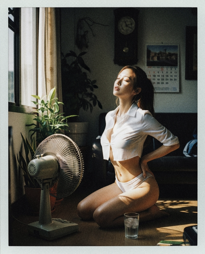 女人坐在地板上,穿着白色衬衫和白色比基尼底部。