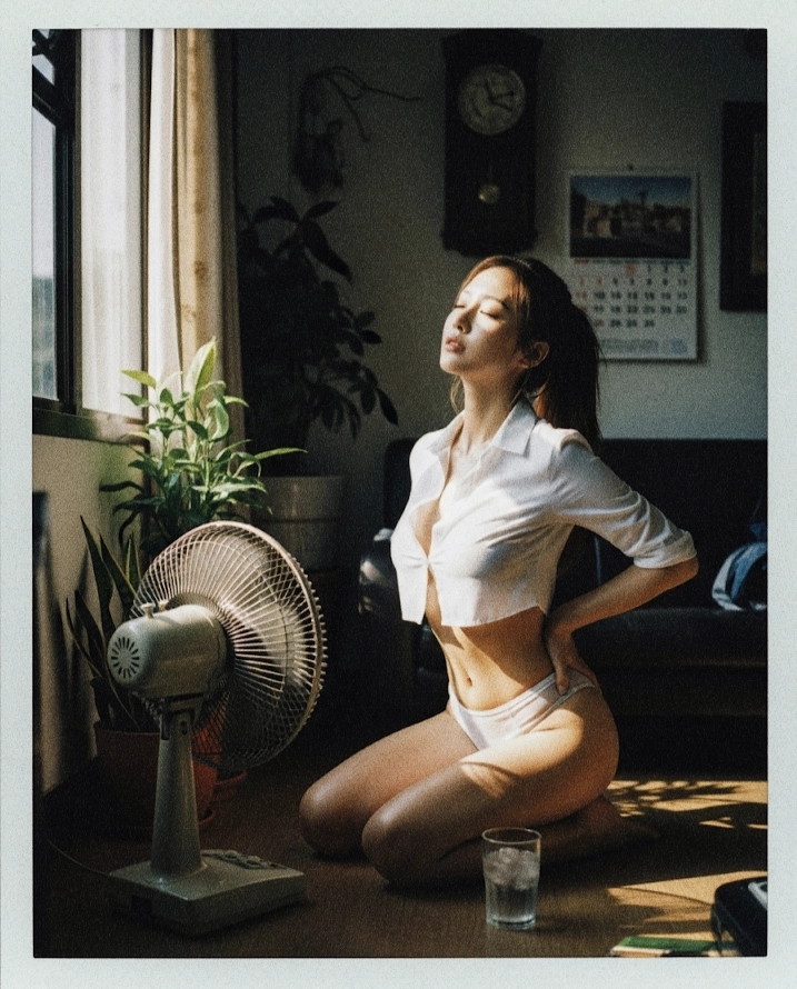 女人坐在地板上,穿着白色衬衫和白色比基尼底部。