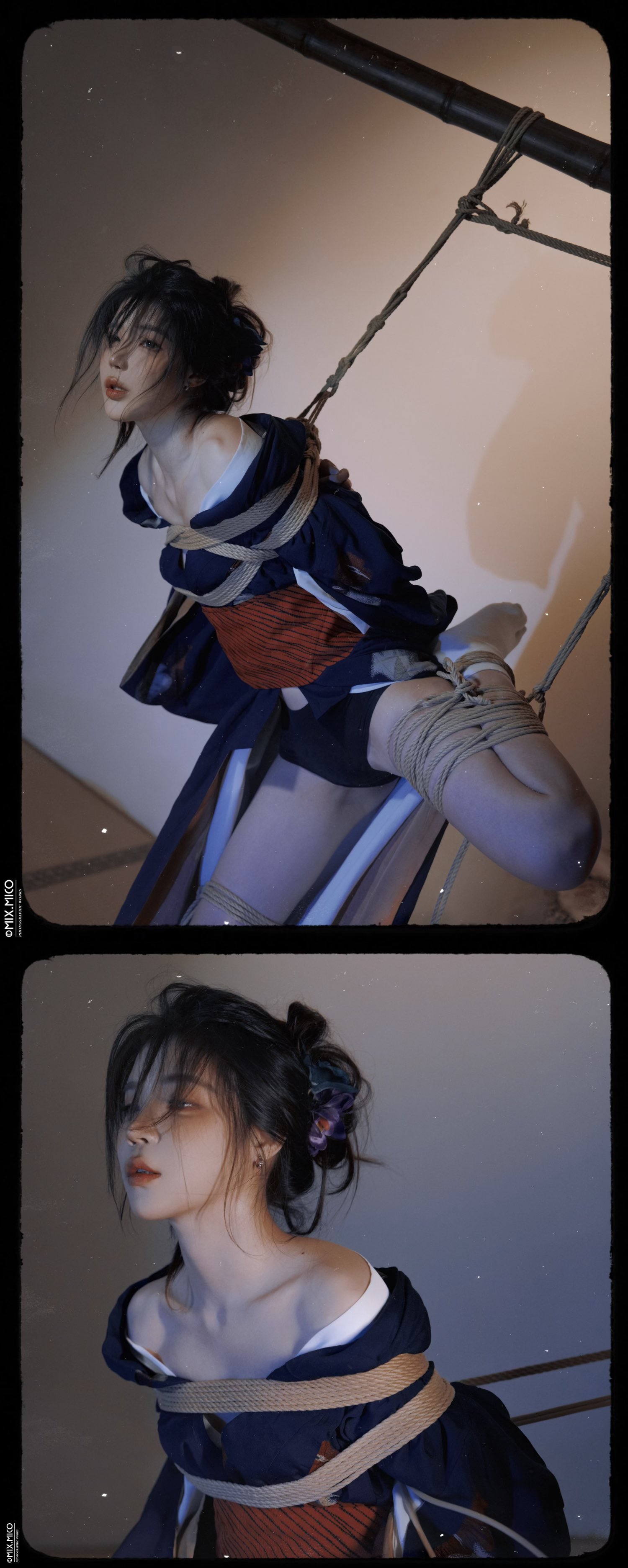 女人被绑起来,脖子上有一根绳子。