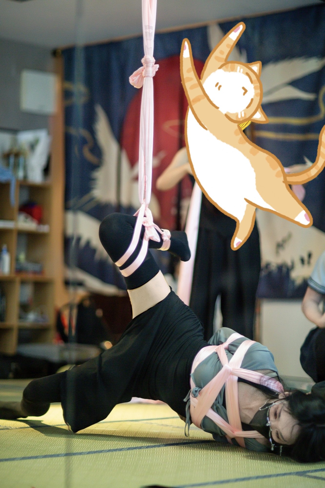 女人被膝盖绞死,而一只猫被绳子绞死。