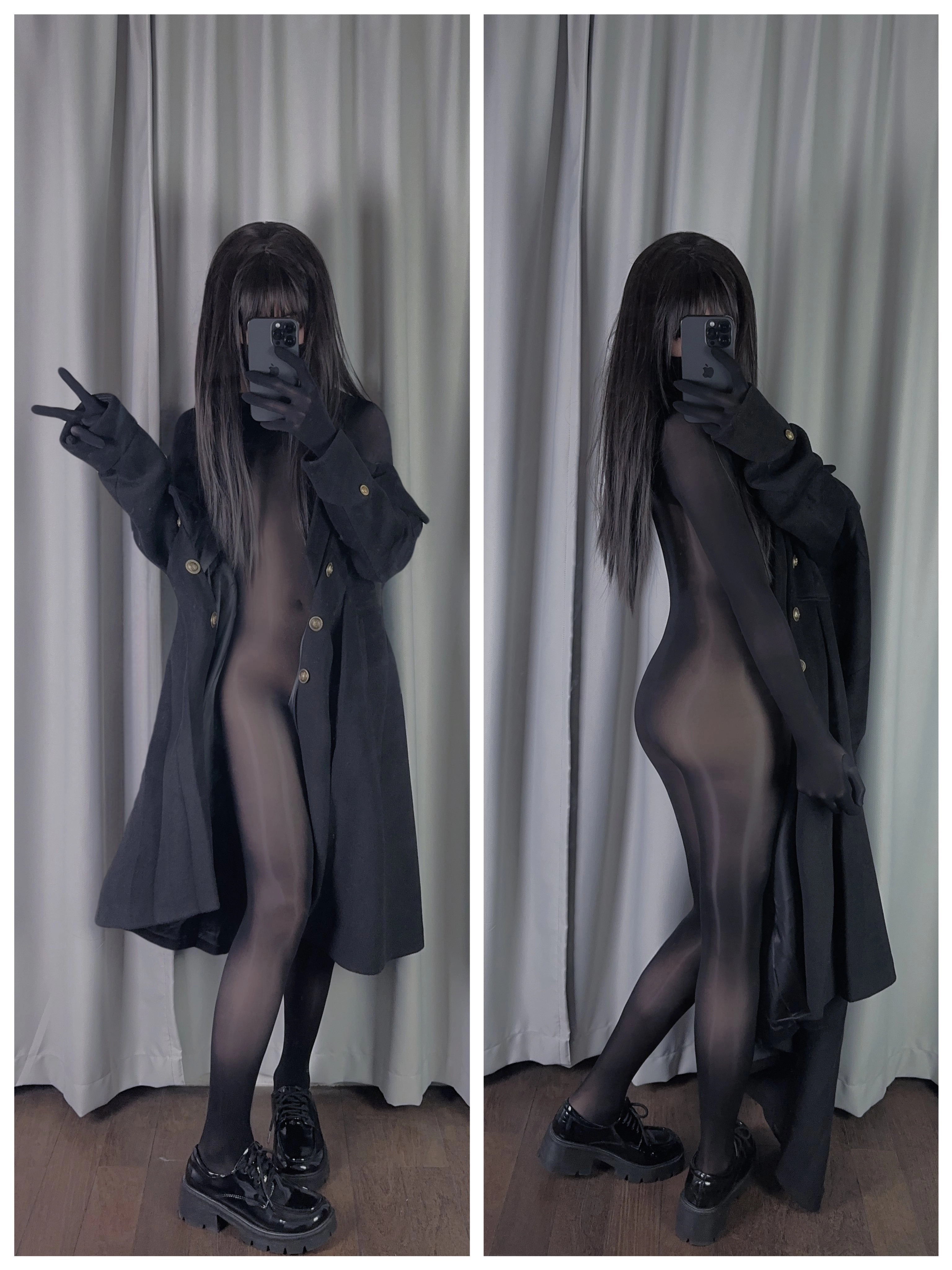 一位穿着黑色外套和黑裤子的女人拍了一张自拍。