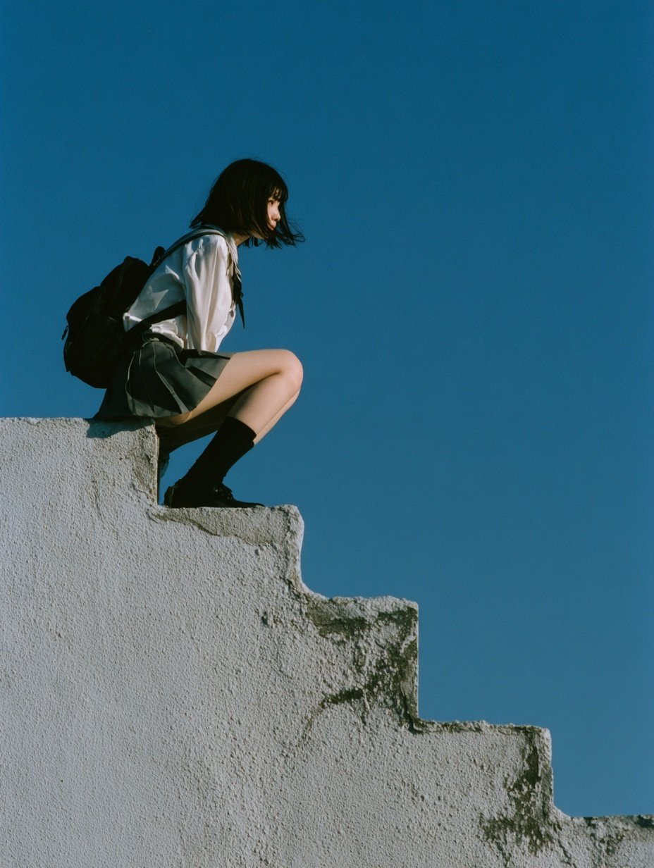 穿着白色衬衫和黑色靴子的女人坐在楼梯上。