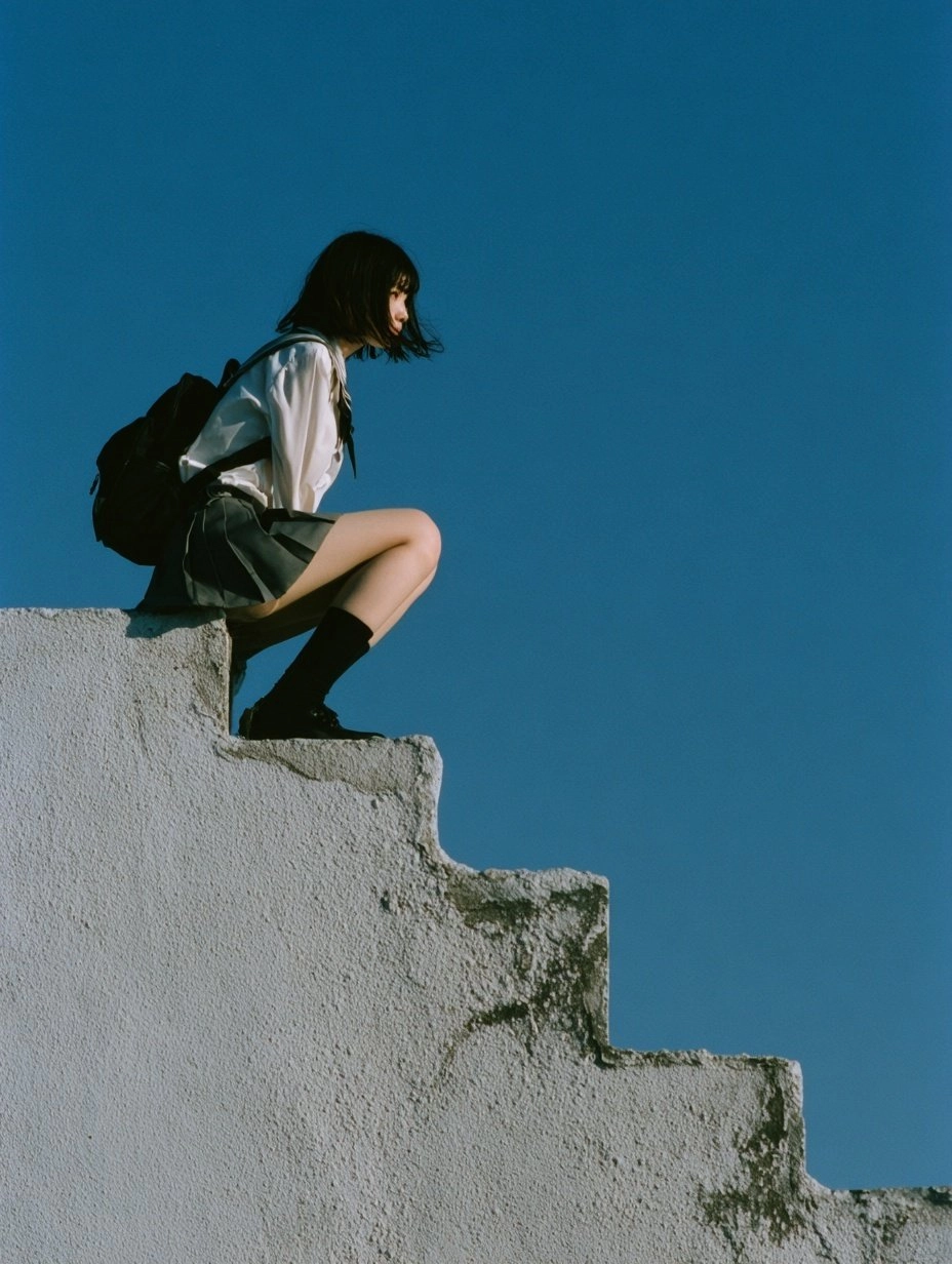 穿着白色衬衫和黑色靴子的女人坐在楼梯上。