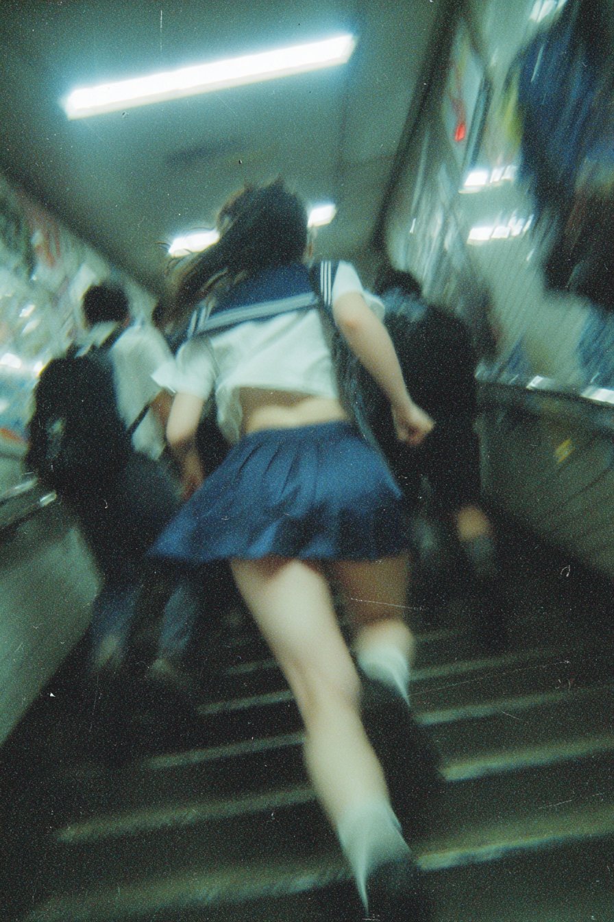 一位穿着蓝色裙子的女人正在爬楼梯。