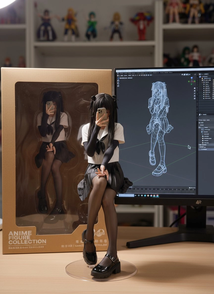 女孩坐在电脑前,旁边有一盒动漫收藏品。