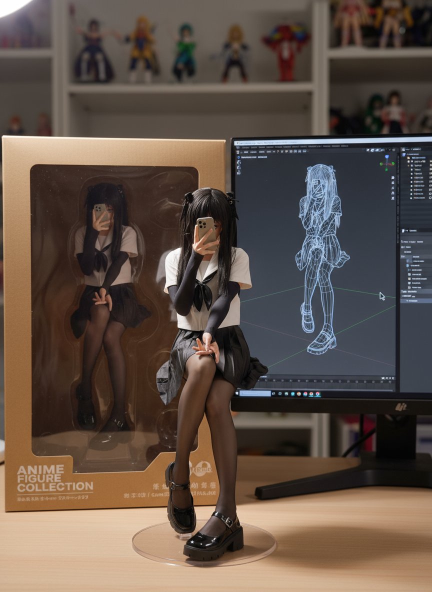 女孩坐在电脑前,旁边有一盒动漫收藏品。