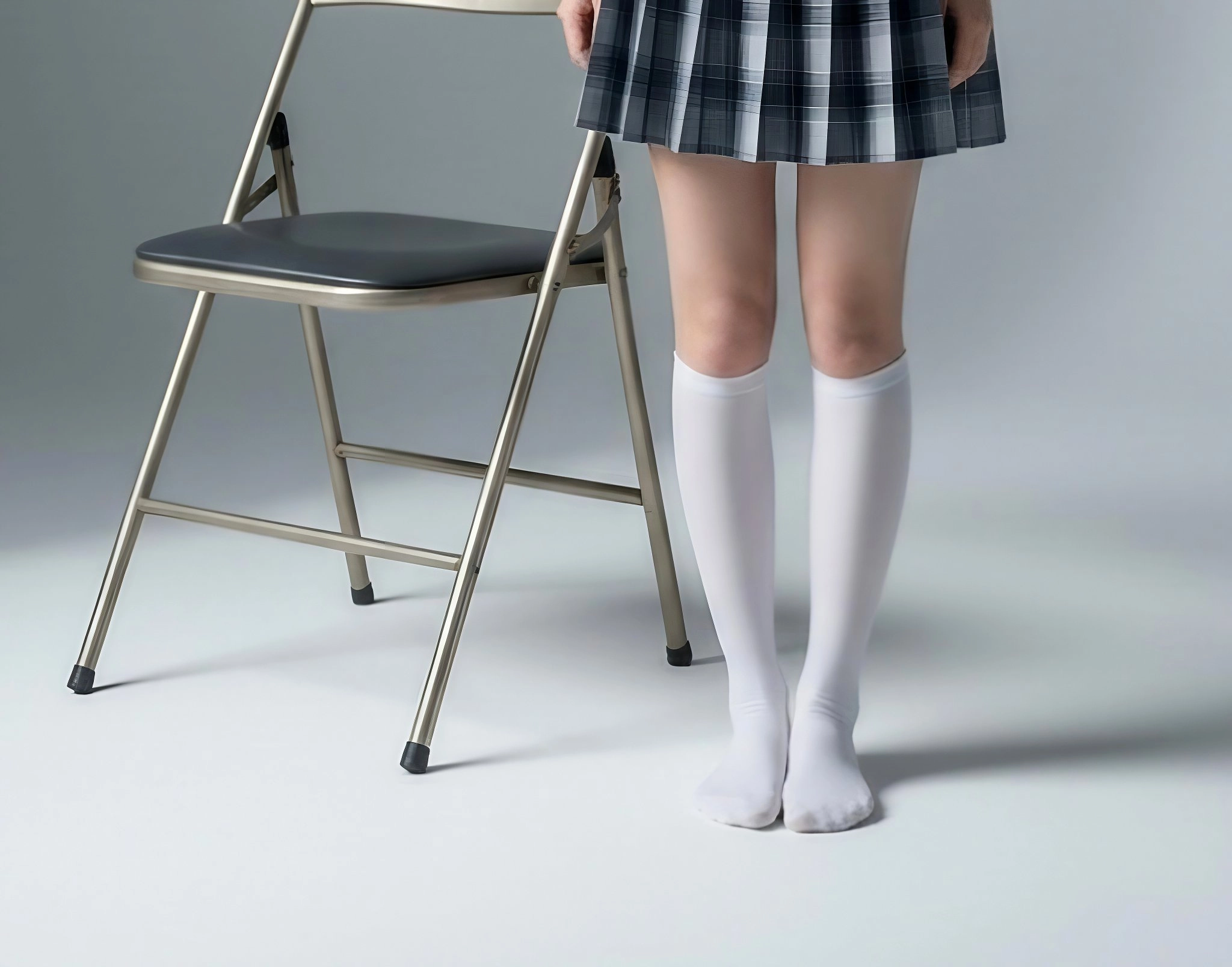 穿着白色袜子和白色裙子的女人站在椅子前面。