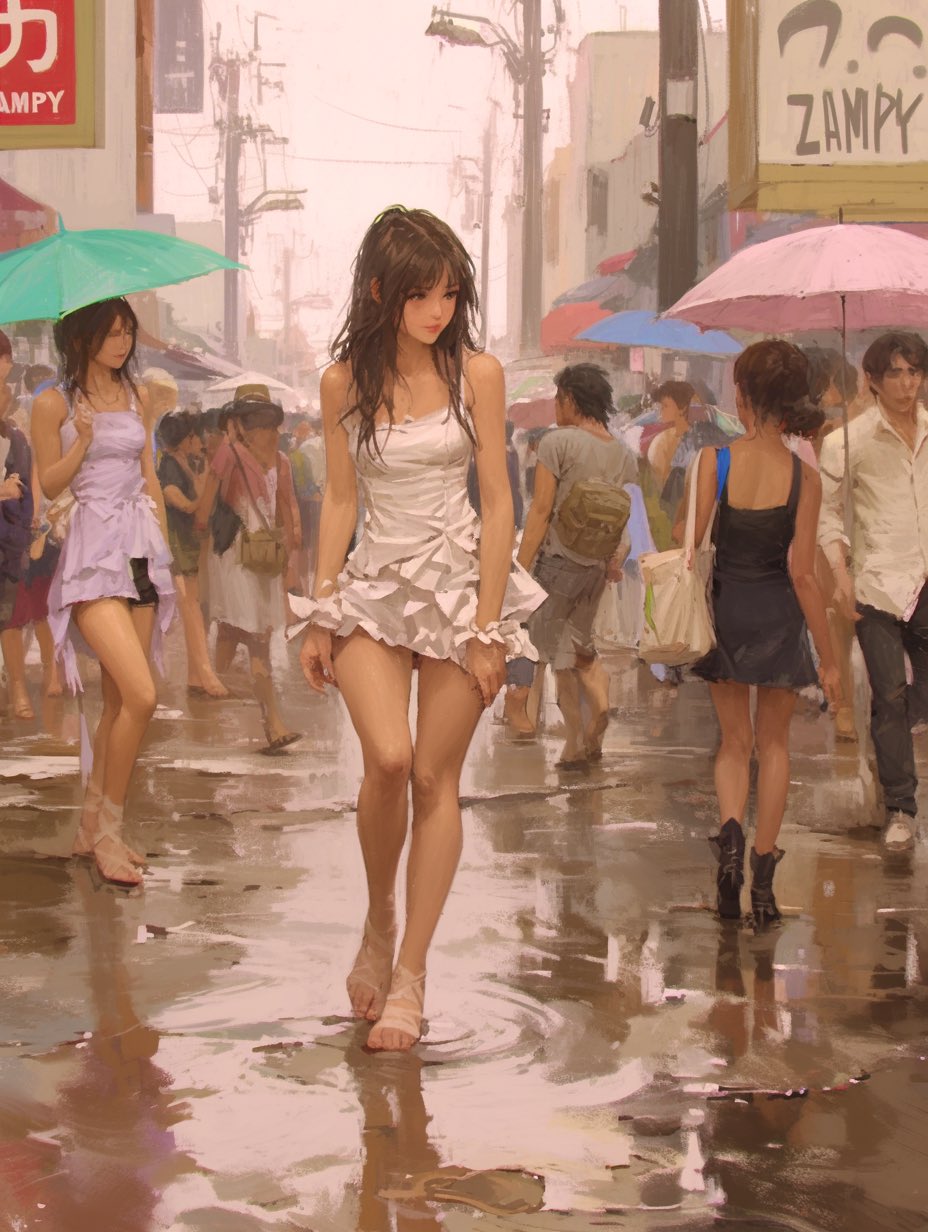 穿着白色衣服的女人在雨中穿过一群人。