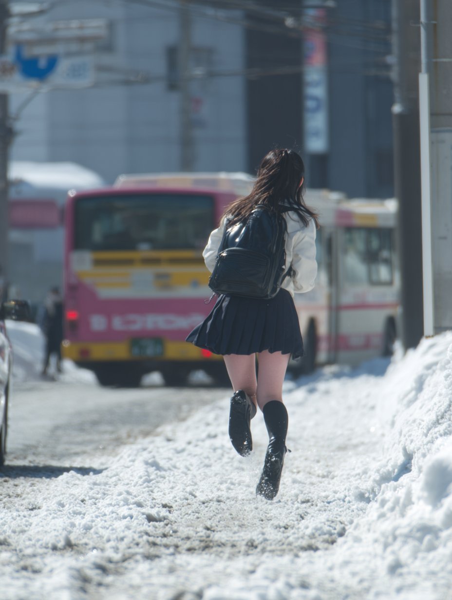 穿着裙子和靴子的女人在雪地上奔跑。
