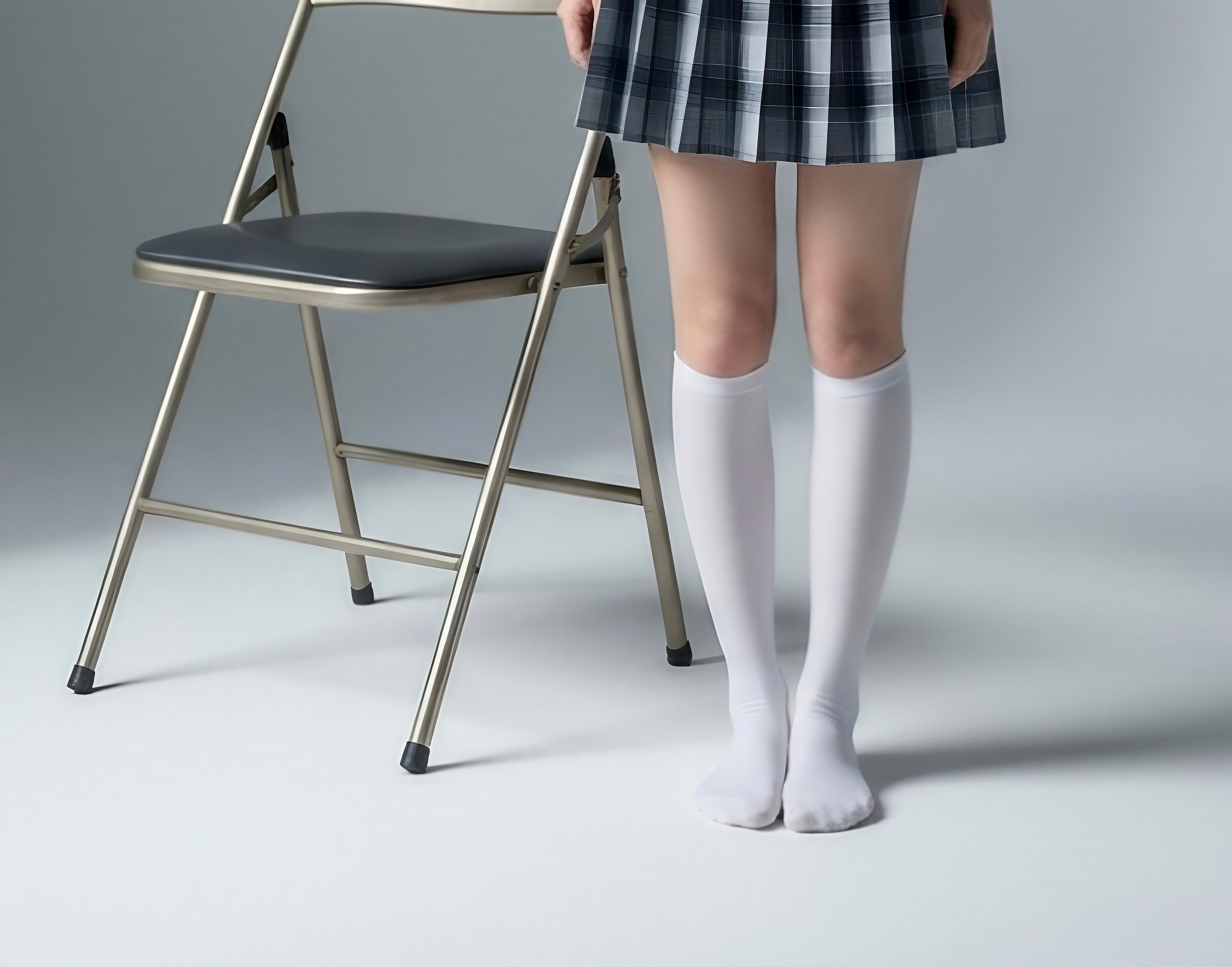 穿着白色袜子和白色裙子的女人站在椅子前面。