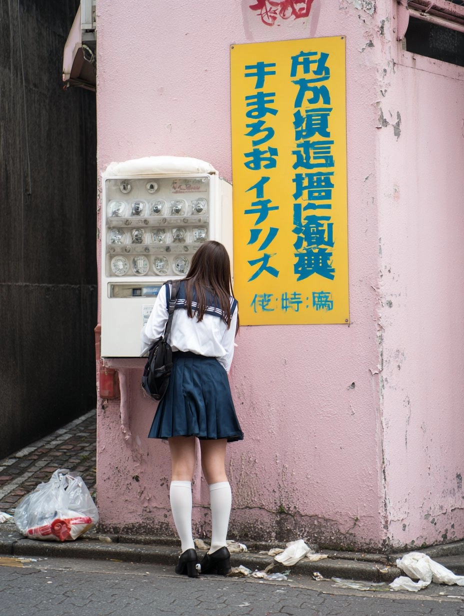 穿着蓝色裙子的女人站在一个粉红色的墙壁前,有一个黄色的标志。