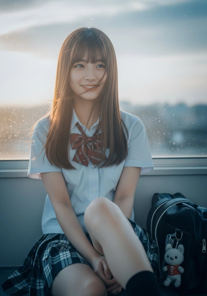 一位穿着白色衬衫和红色弓的女孩坐在窗户上。