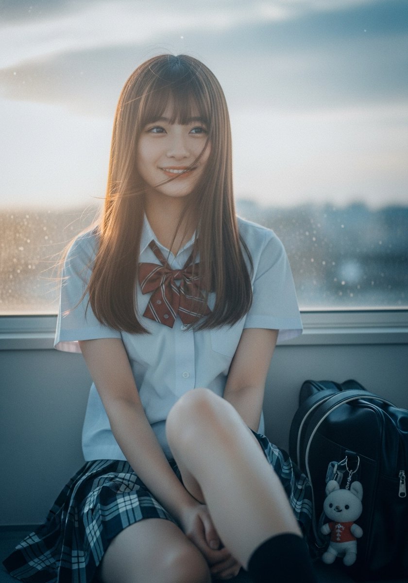 一位穿着白色衬衫和红色弓的女孩坐在窗户上。