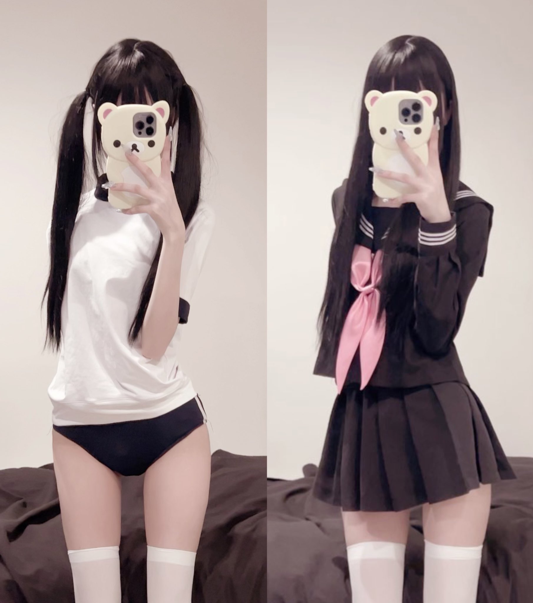 两个女孩用手机拍自拍。