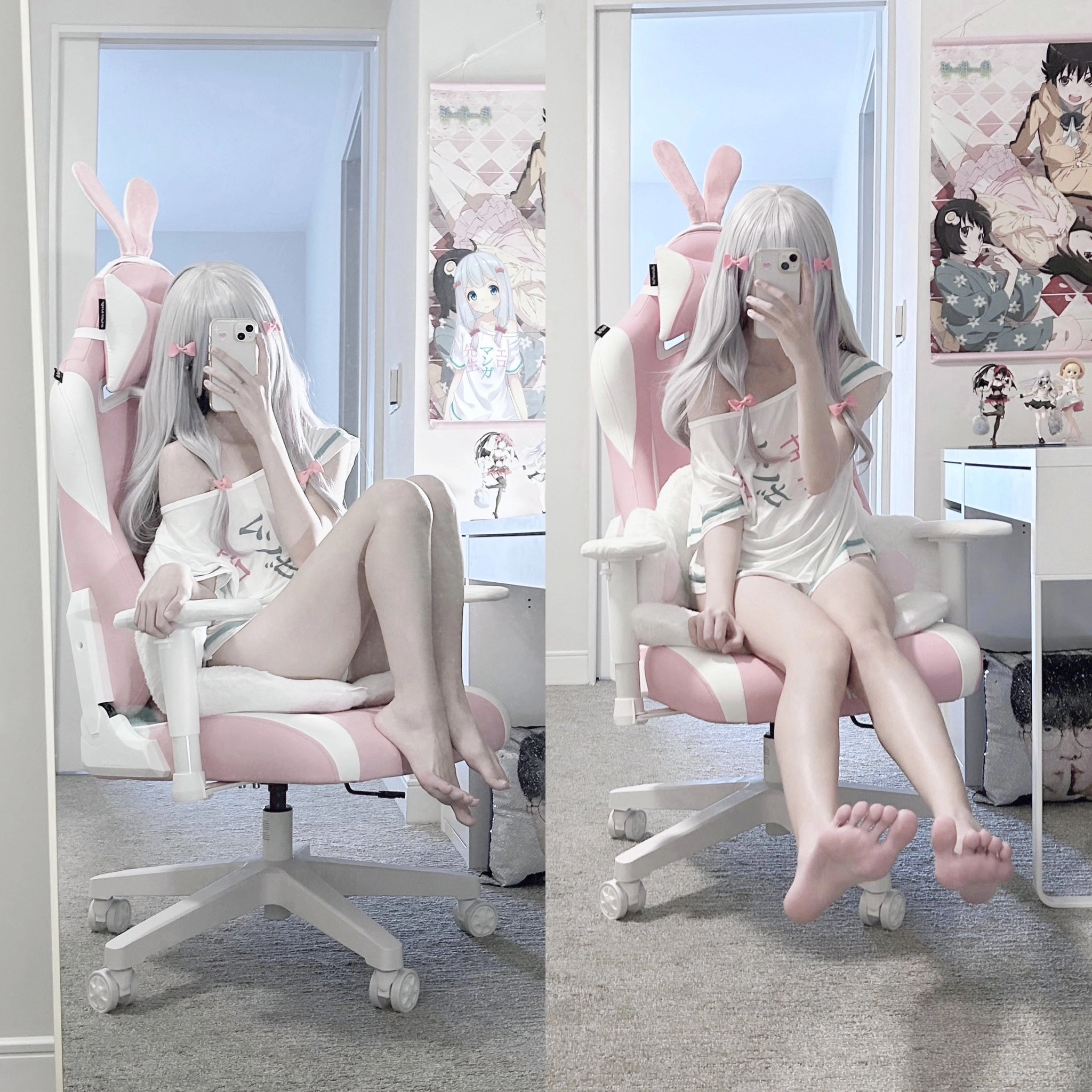 粉红色的椅子里的女孩拍了个自拍。