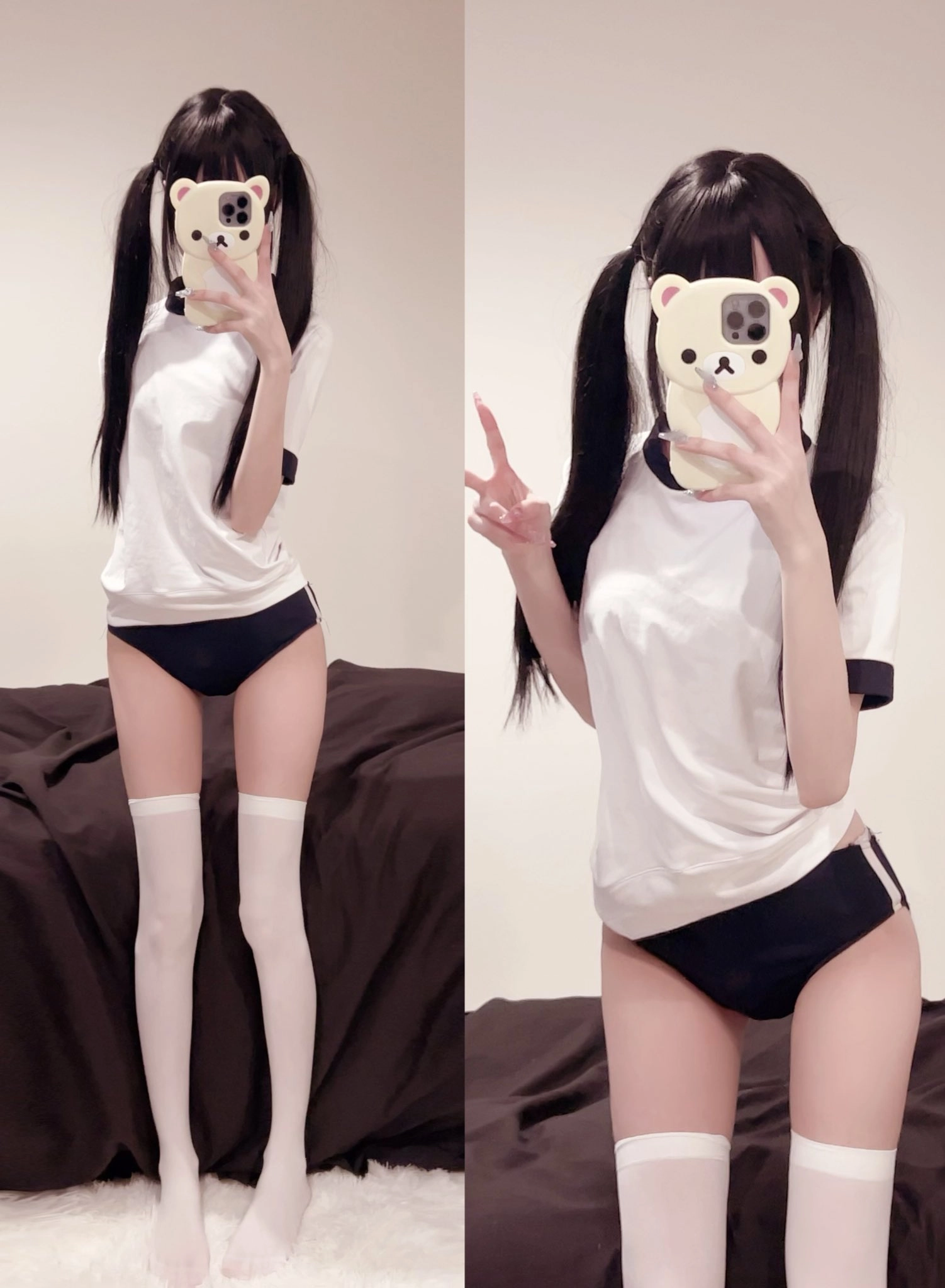 女孩在手机上拍一张熊猫的自拍。