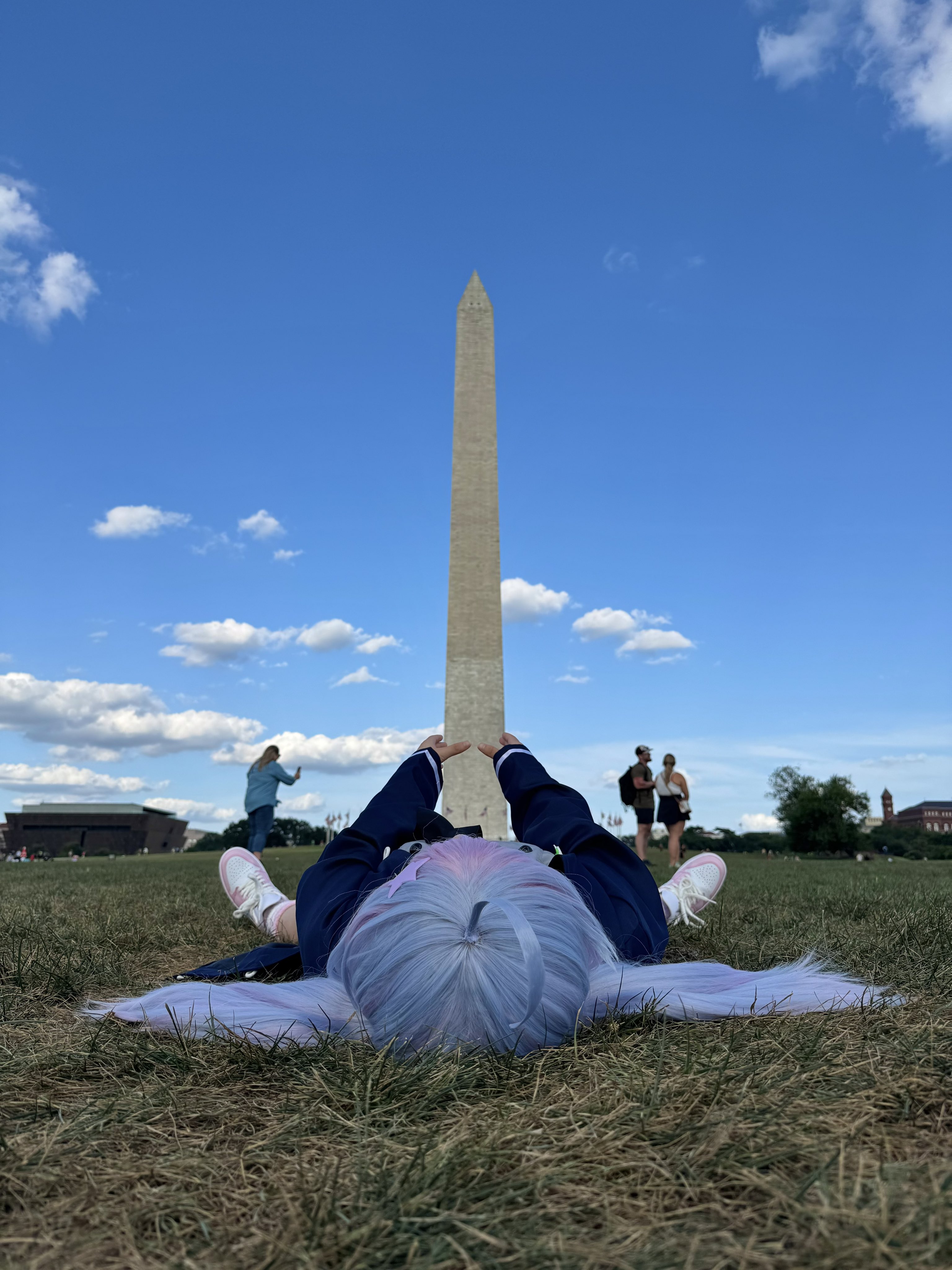 粉红发的女孩躺在华盛顿纪念碑前的草地上。