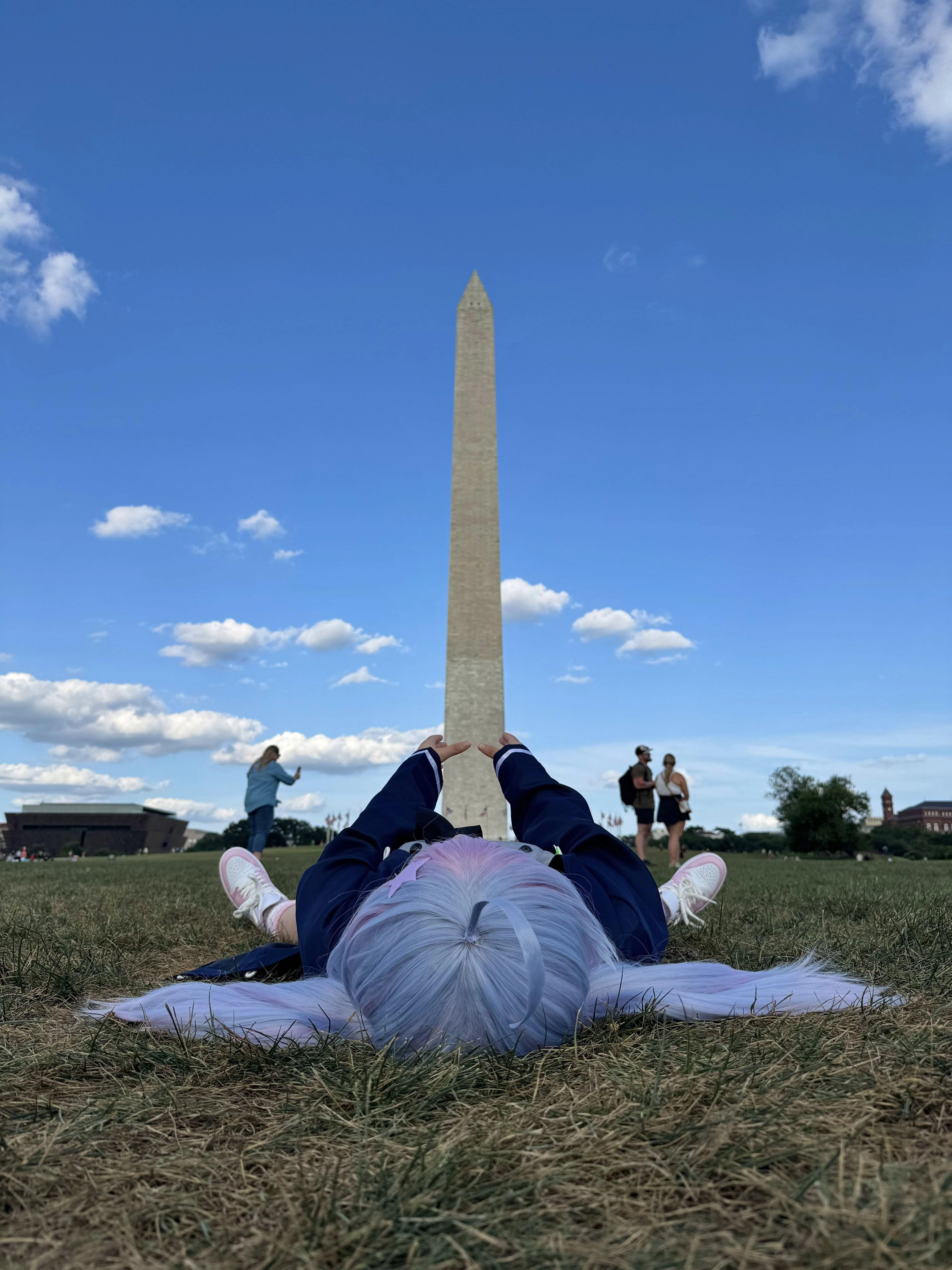 粉红发的女孩躺在华盛顿纪念碑前的草地上。