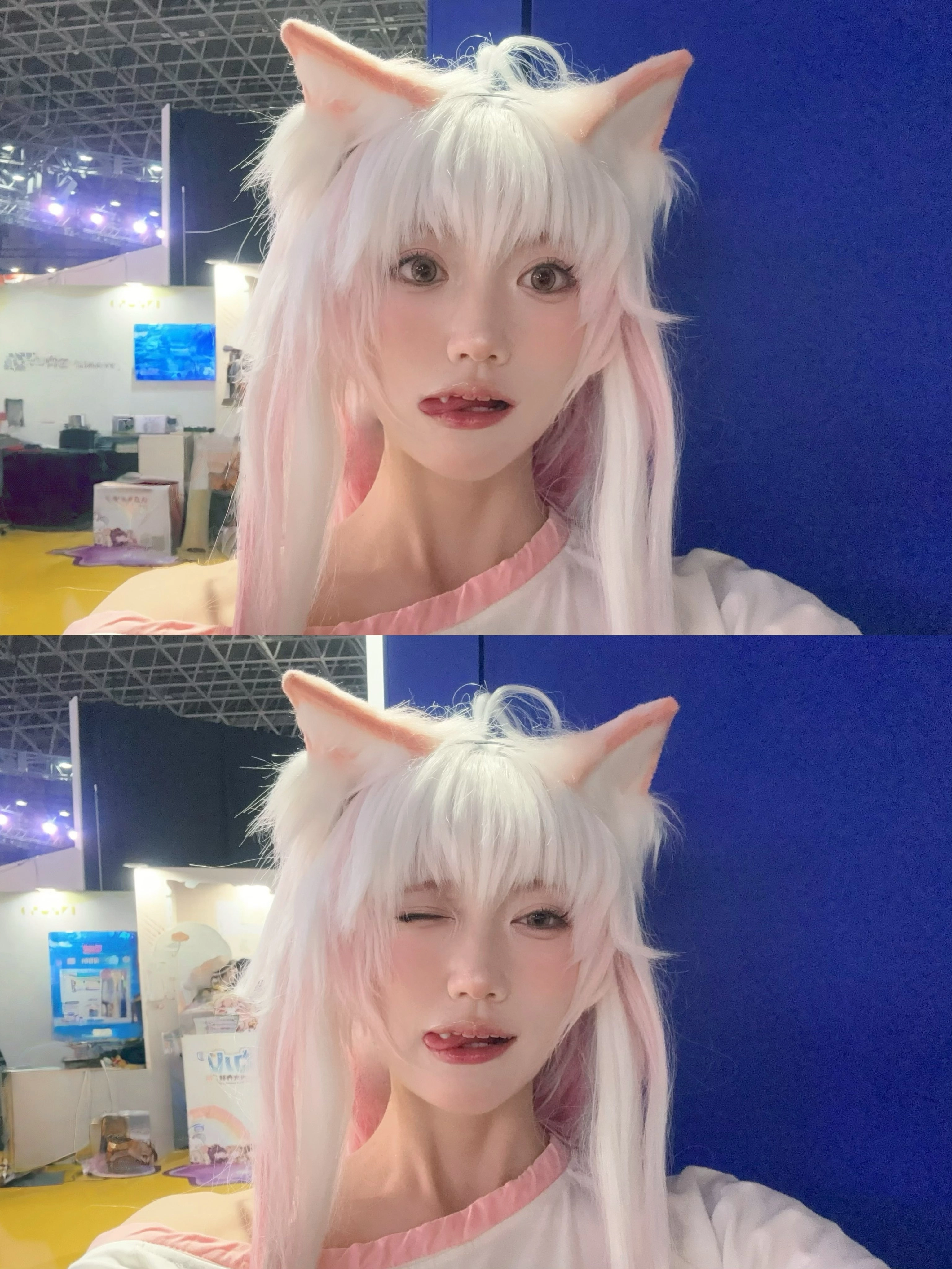 有粉红色的头发和白发的女孩,有粉红色的鼻子。