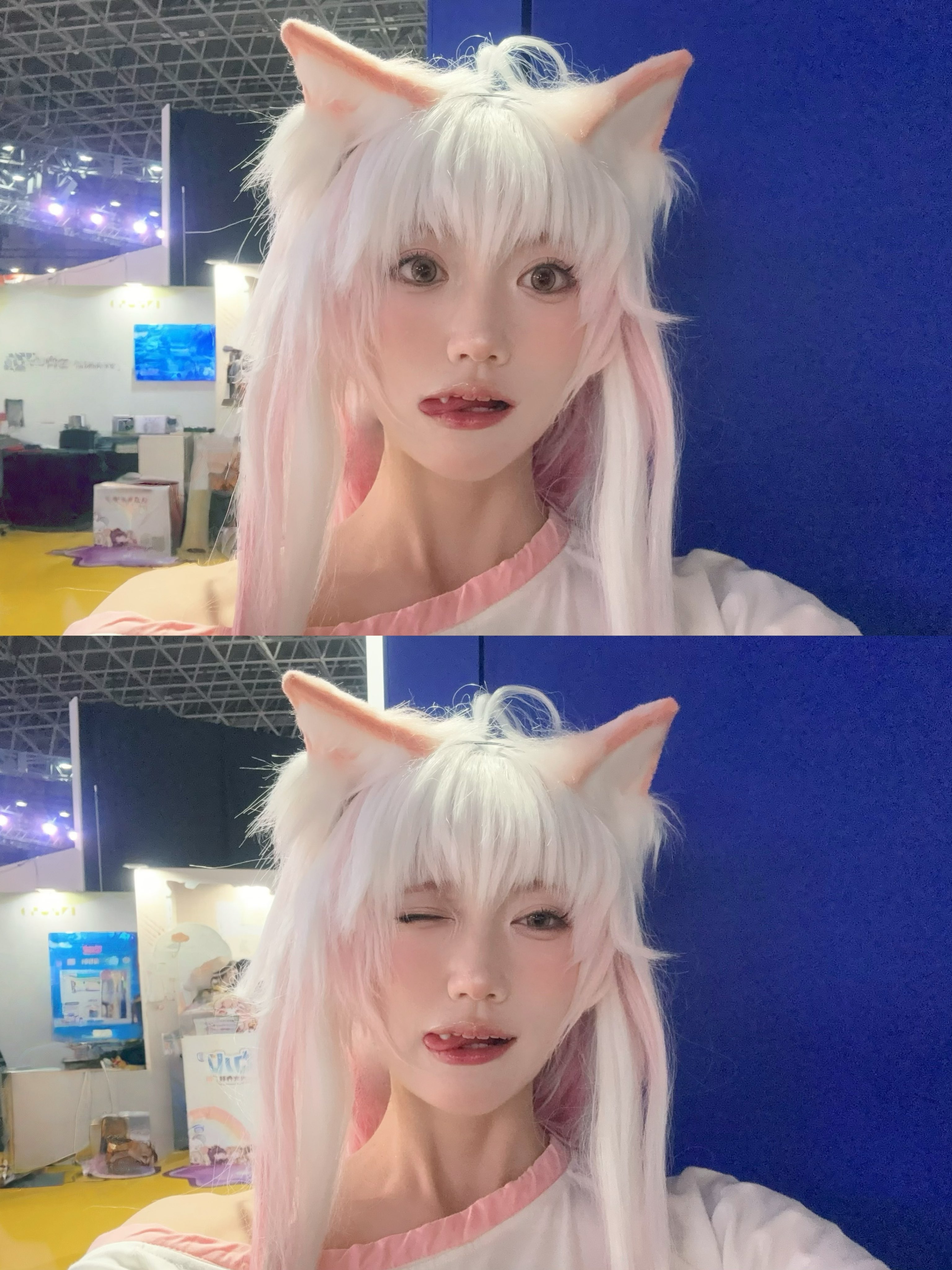 有粉红色的头发和白发的女孩,有粉红色的鼻子。