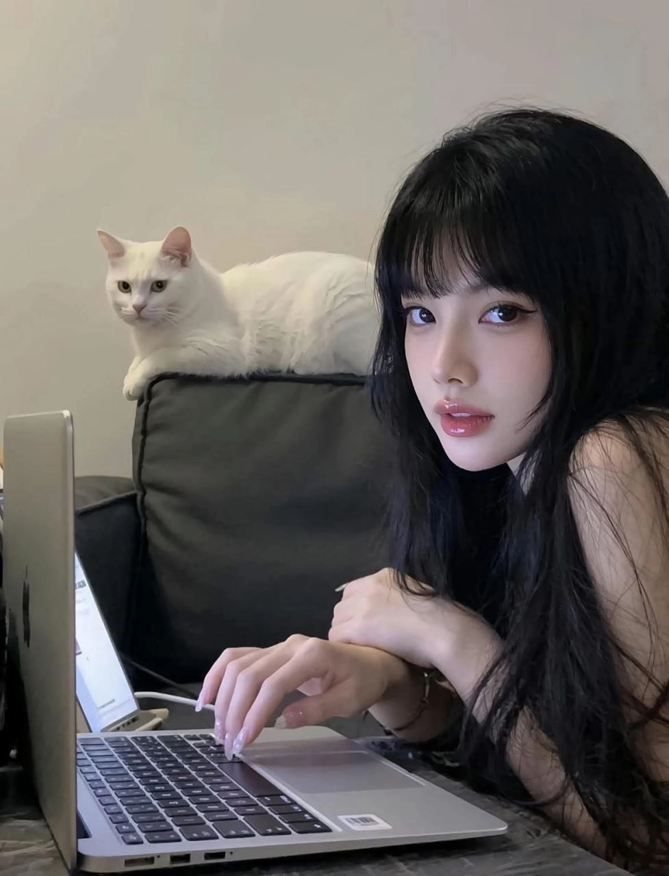 女人在笔记本电脑上打字,而猫躺在沙发上。