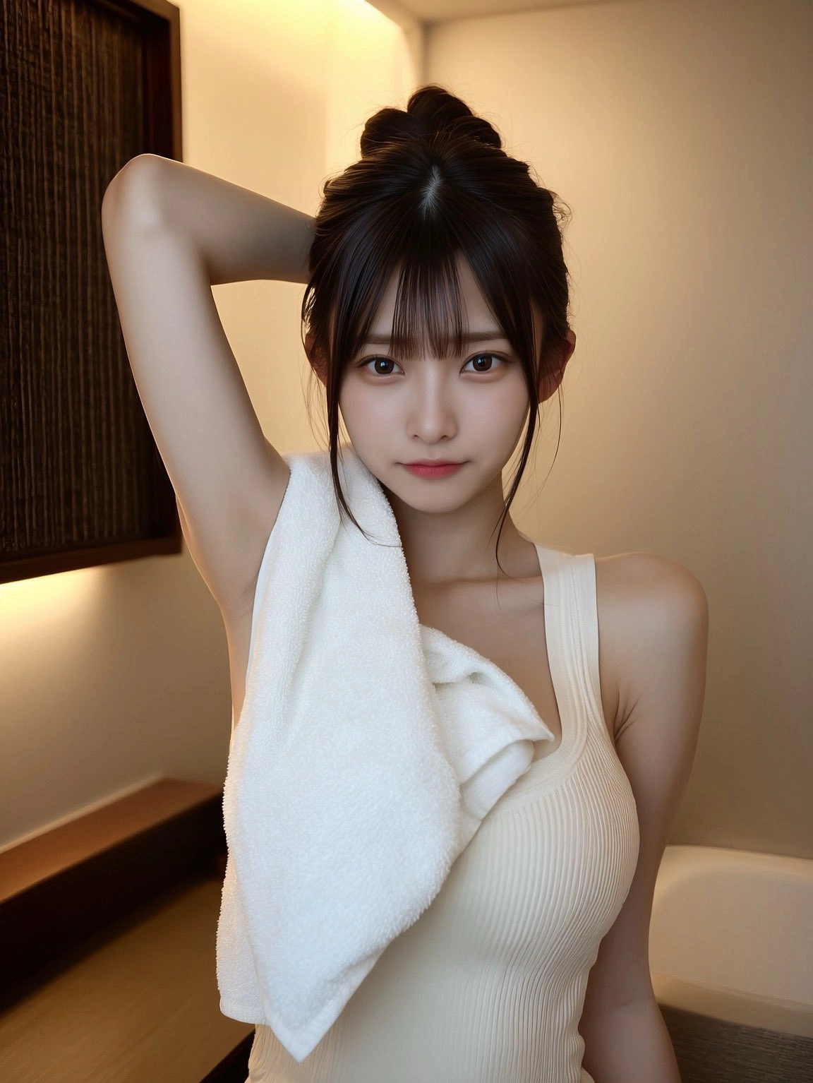 女人肩上拿着一个毛巾。