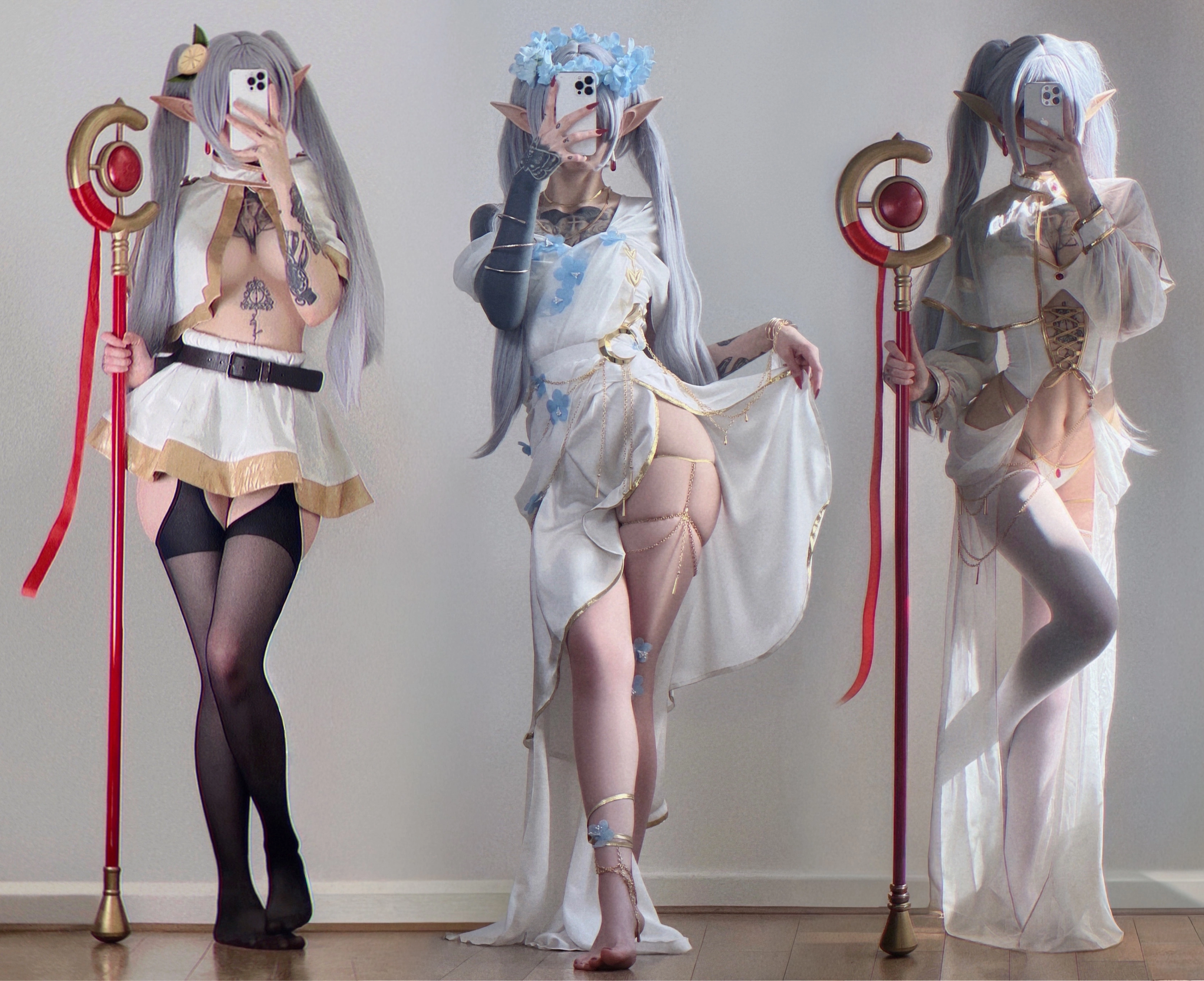 三位穿白色裙子的女人为一张照片而立场。