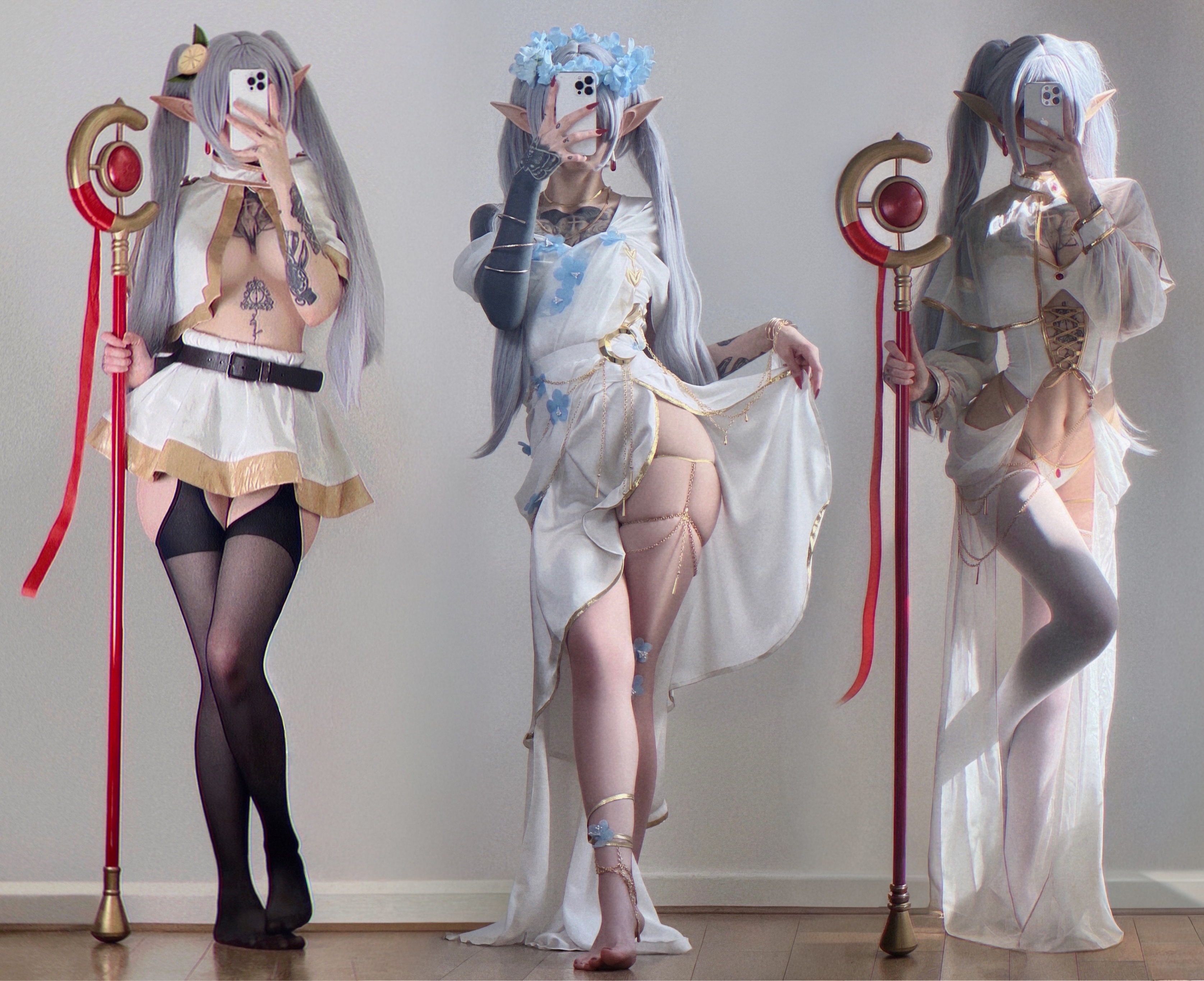 三位穿白色裙子的女人为一张照片而立场。