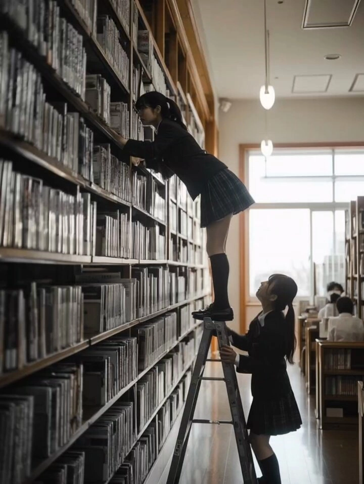 两个女孩爬上楼梯,到达书架上。