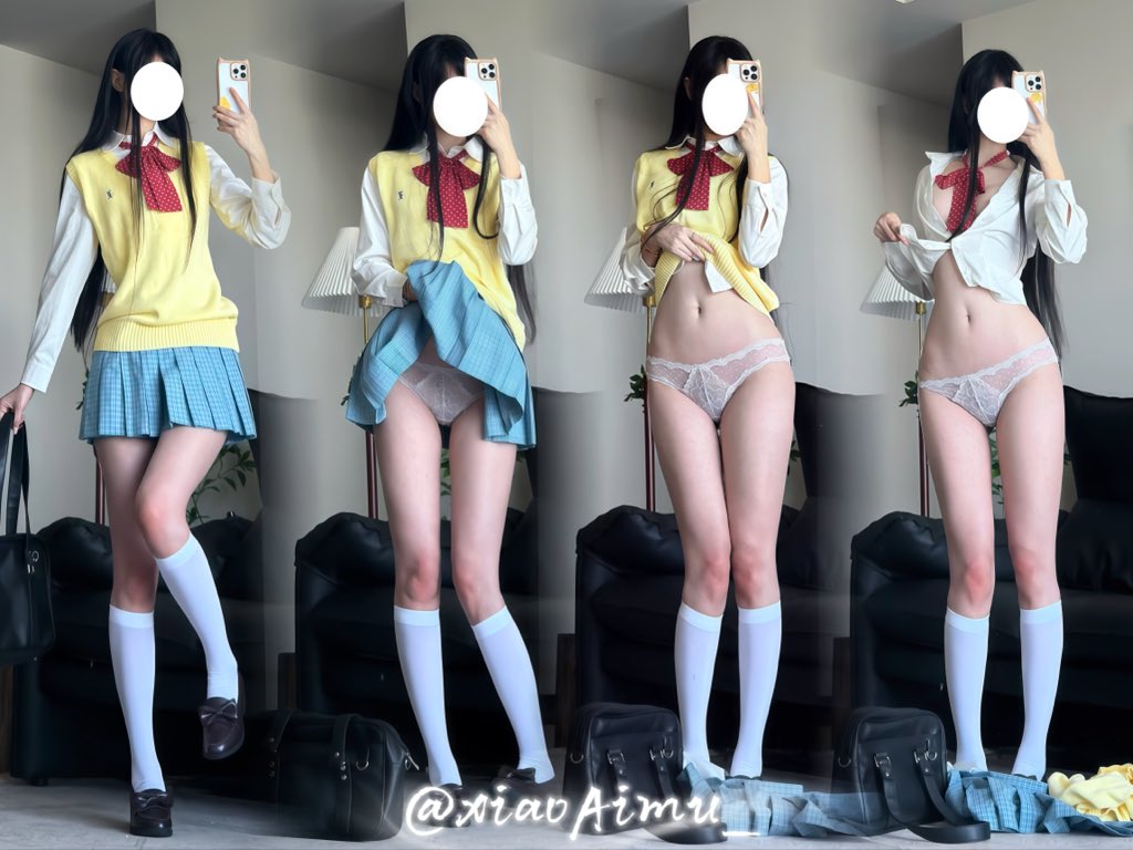 穿着黄色衬衫和蓝色裙子的女人拍了一张自拍。