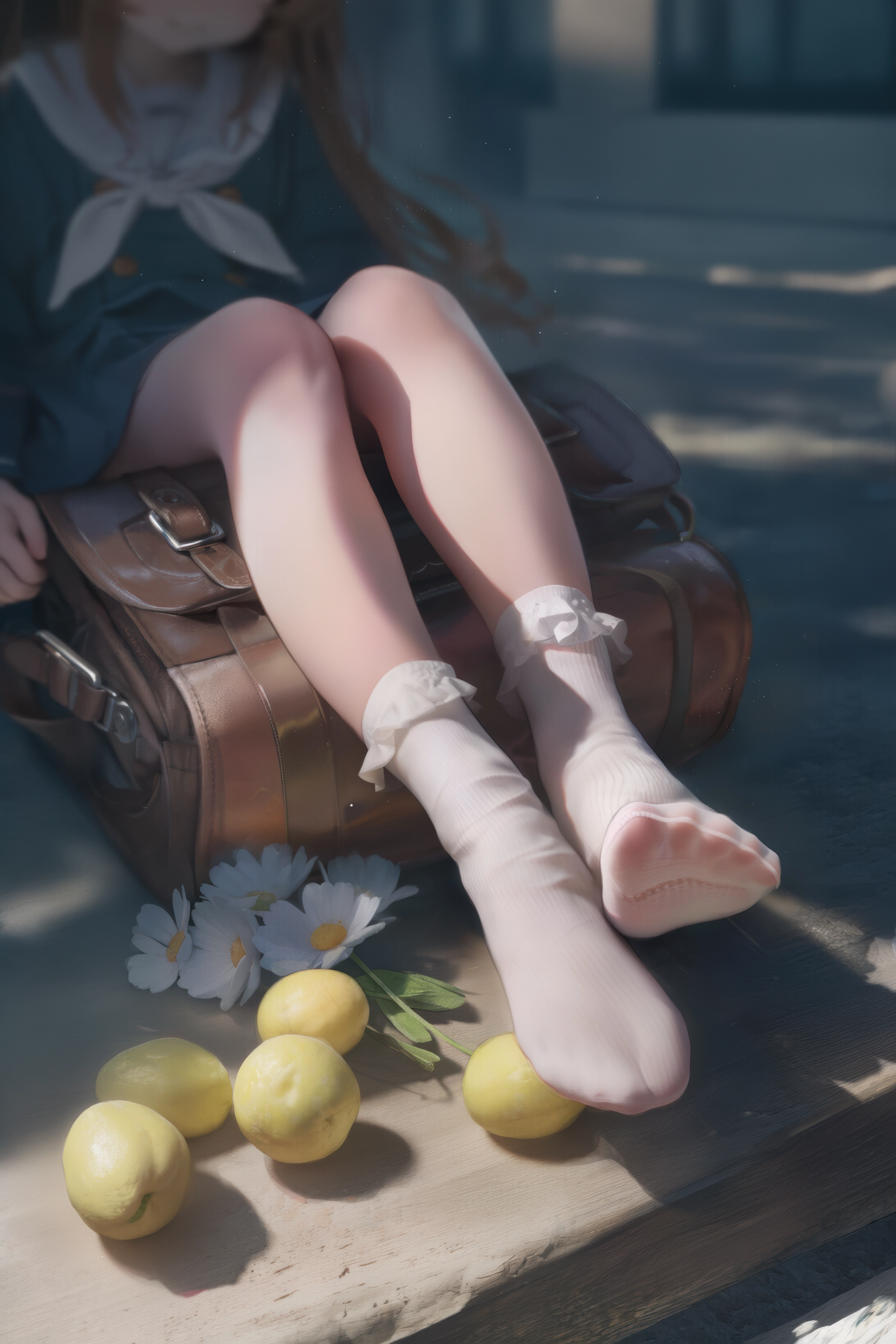 女孩坐在一个行李箱上,脚上有柠檬。