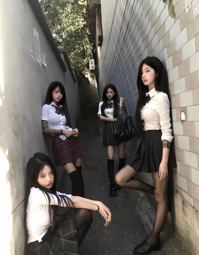 五个女孩在砖墙前拍一张照片。