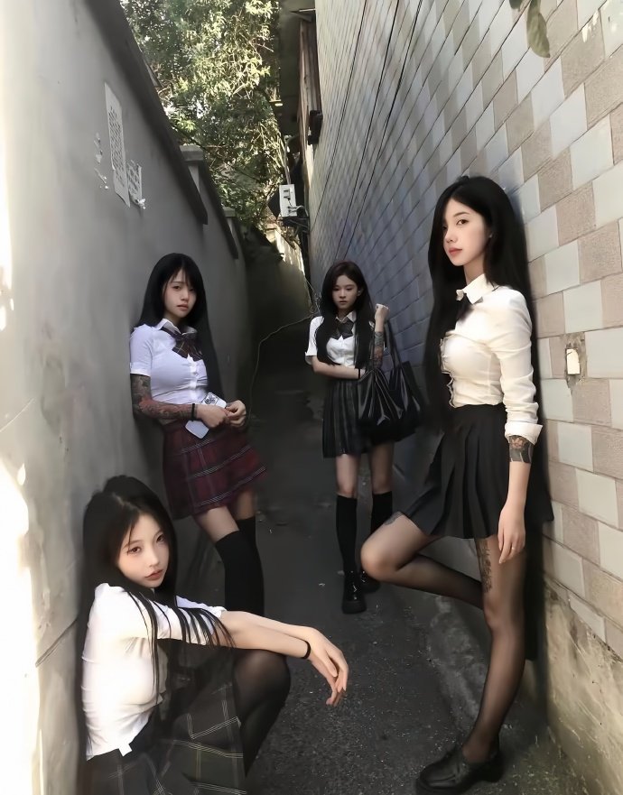 五个女孩在砖墙前拍一张照片。