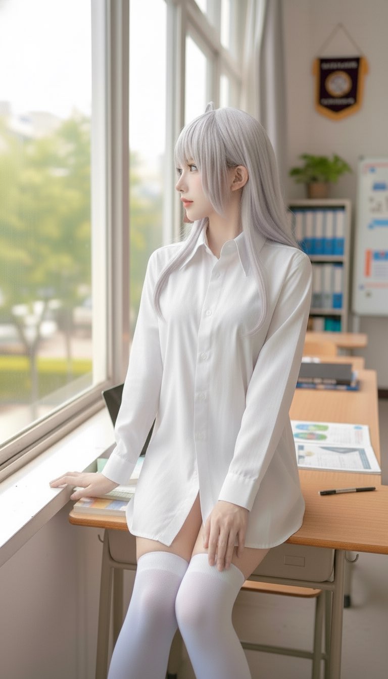 穿着白色衬衫的女人从窗户看。