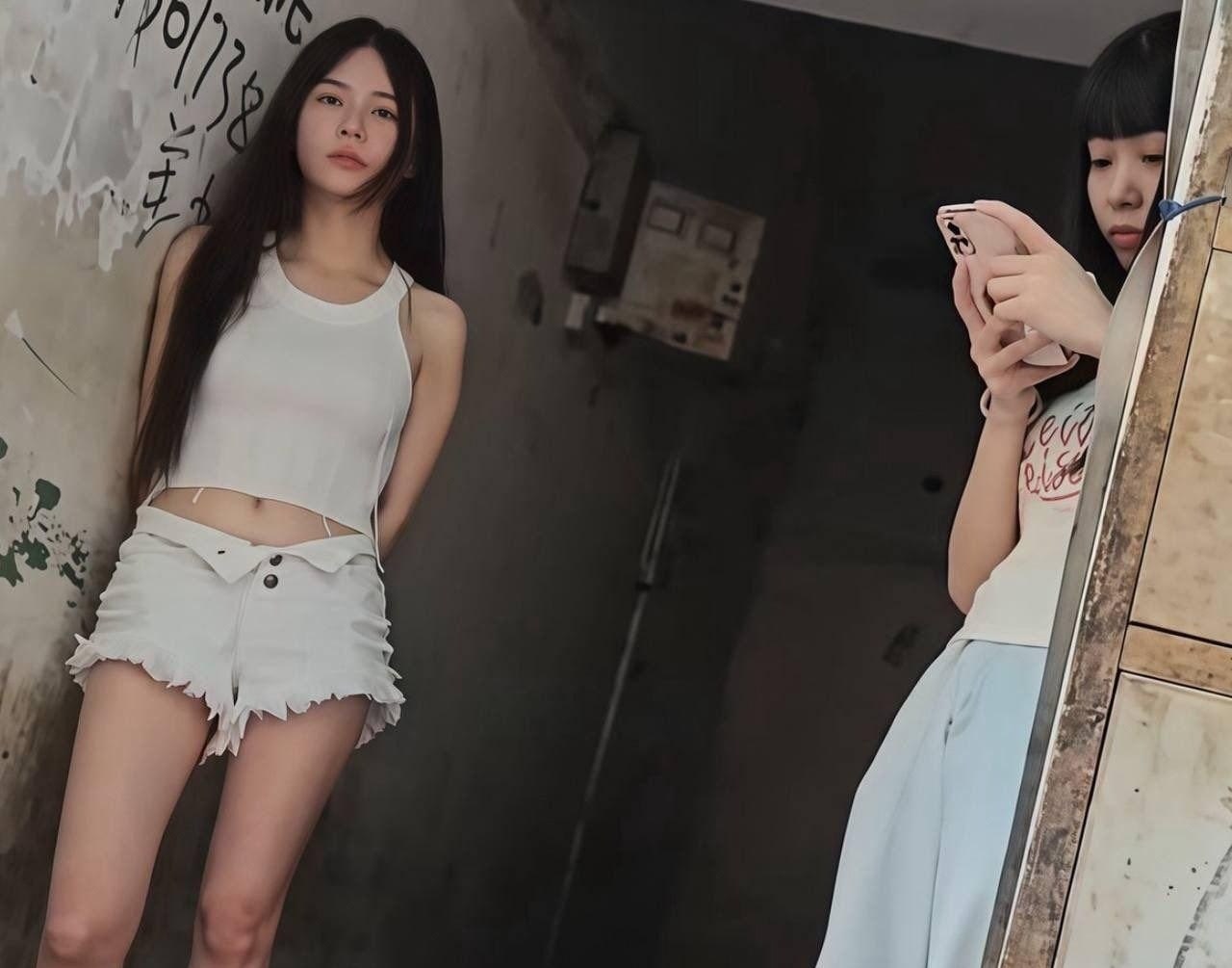 两个女孩站在黑暗的房间里,一个拿着手机。