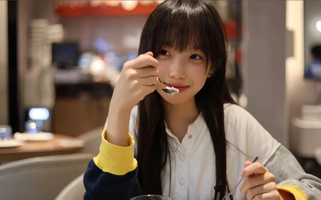 女孩用勺子吃饭。