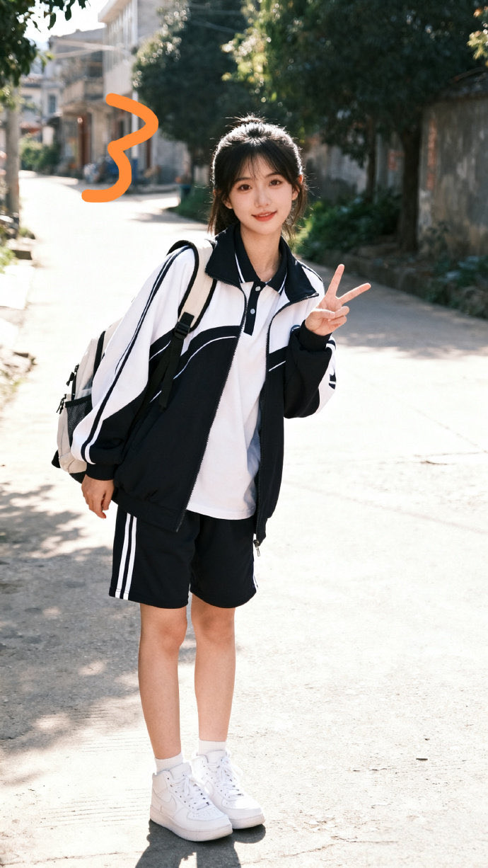 穿着蓝色夹克和黑色头发的女孩正在做和平的信号。