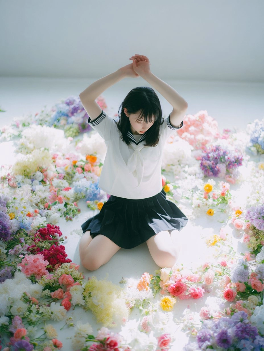 女人坐在一张鲜花床上。