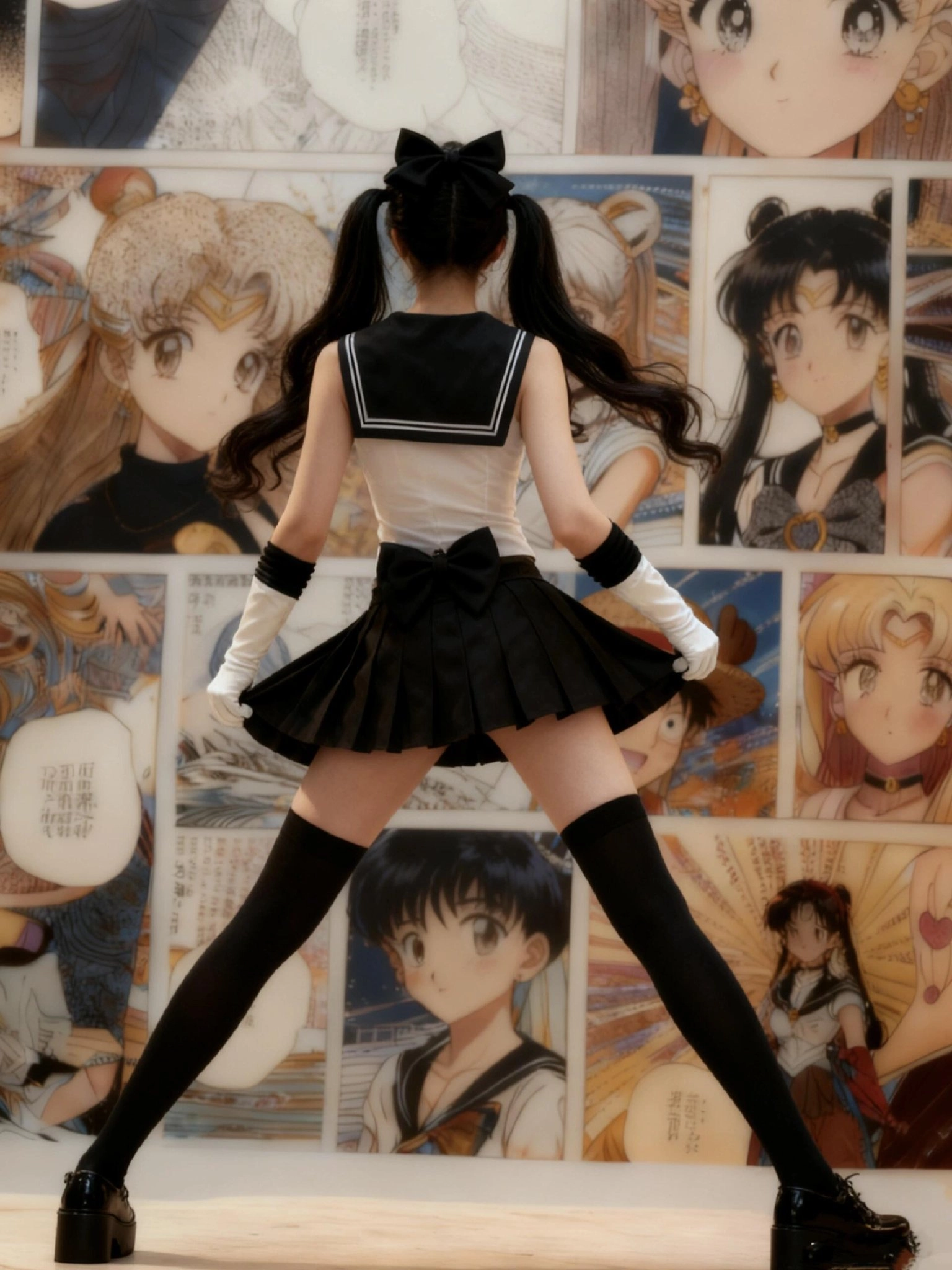 一位穿着水手服的女人站在一堵墙壁前。