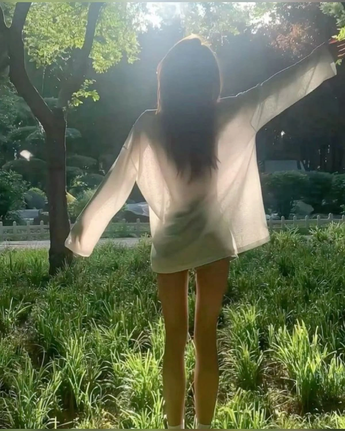 穿白衬衫的女人,没有裤子,站在草地上。