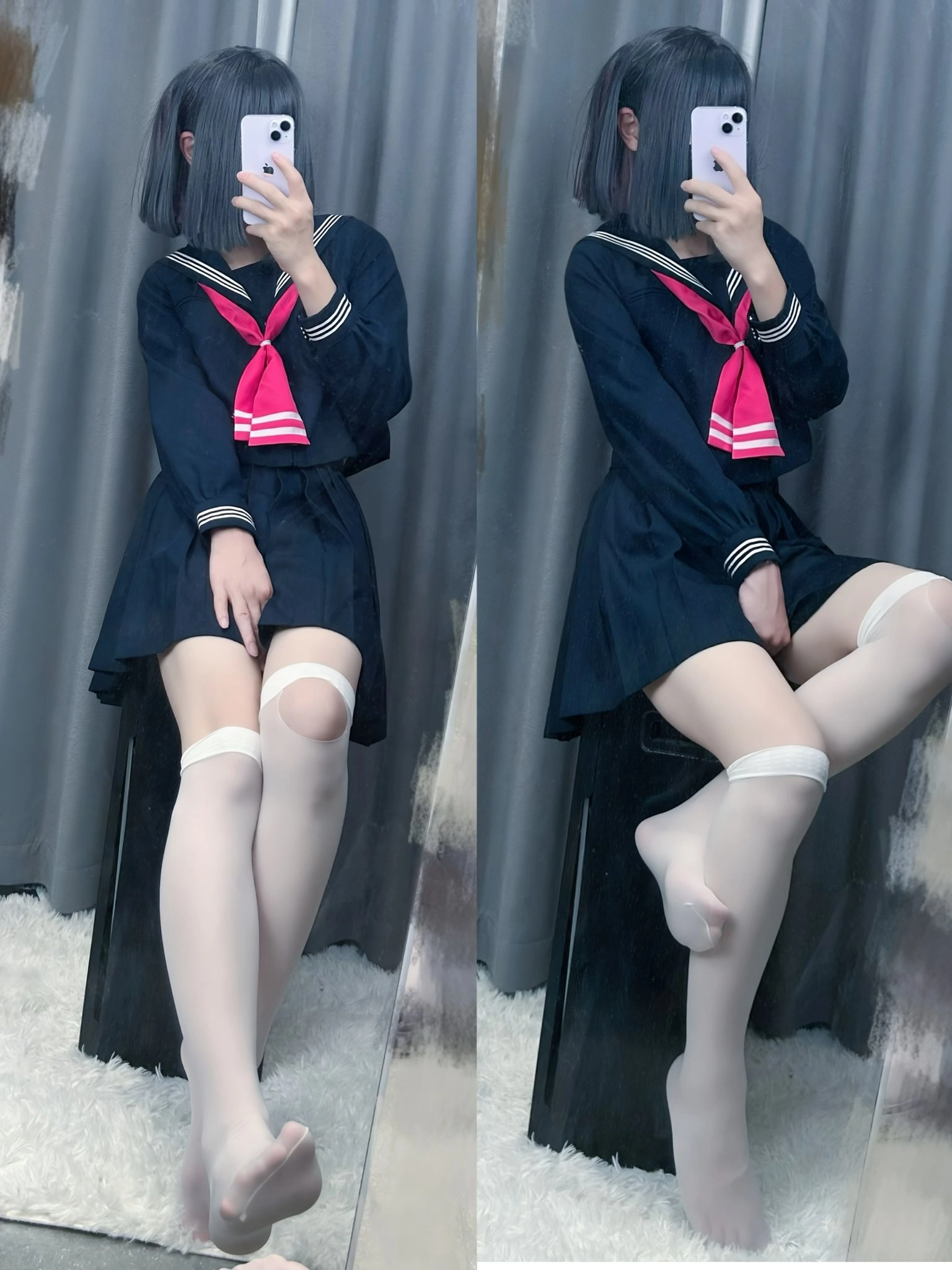 穿着黑色裙子和粉红色弓的女人拍了一张自拍。