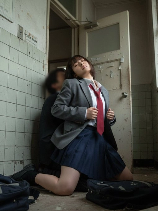 穿着灰色服装和红领带的女人跪在地板上。