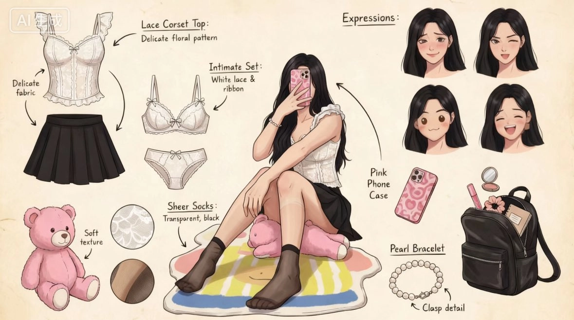 卡通绘制的女人穿着一个白色的胸罩和黑色裤子。