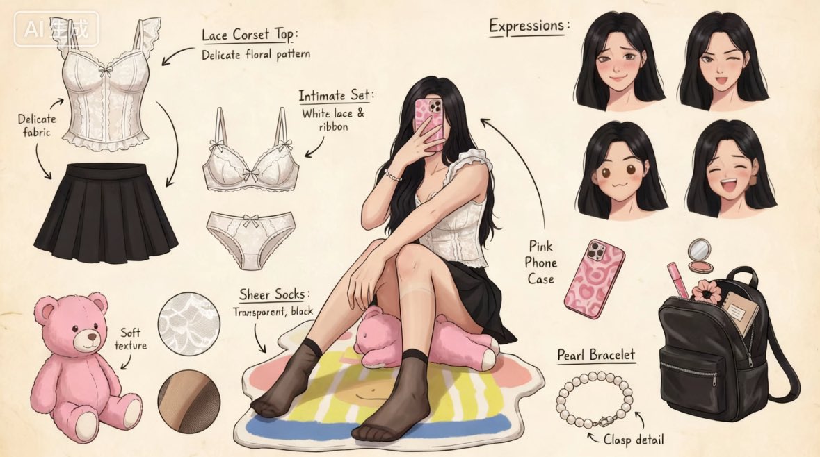 卡通绘制的女人穿着一个白色的胸罩和黑色裤子。